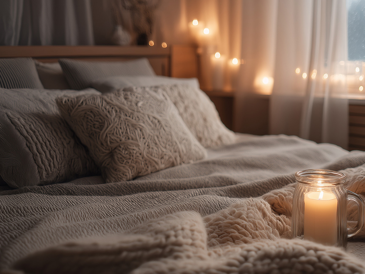 Winterliches Schlafzimmer mit natürlicher beiger Bettwäsche